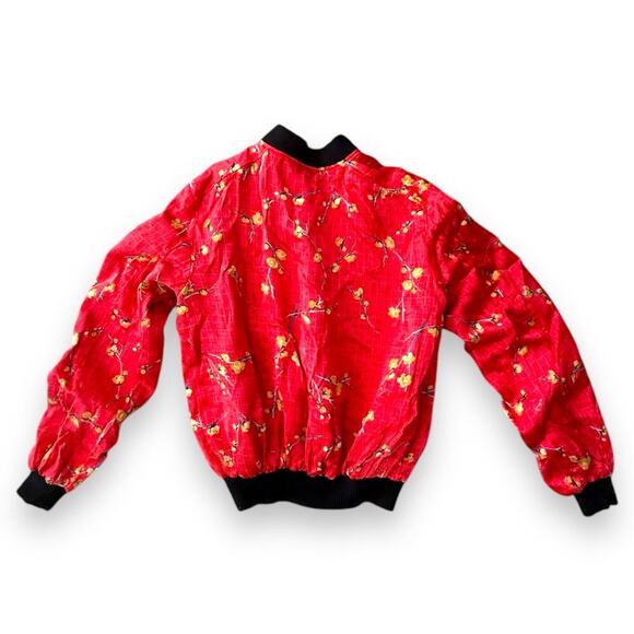 Allison Taylor Red Silk Cherry Blossom Bomber Jacket Size M full zip pocket - Picture 2 of 8